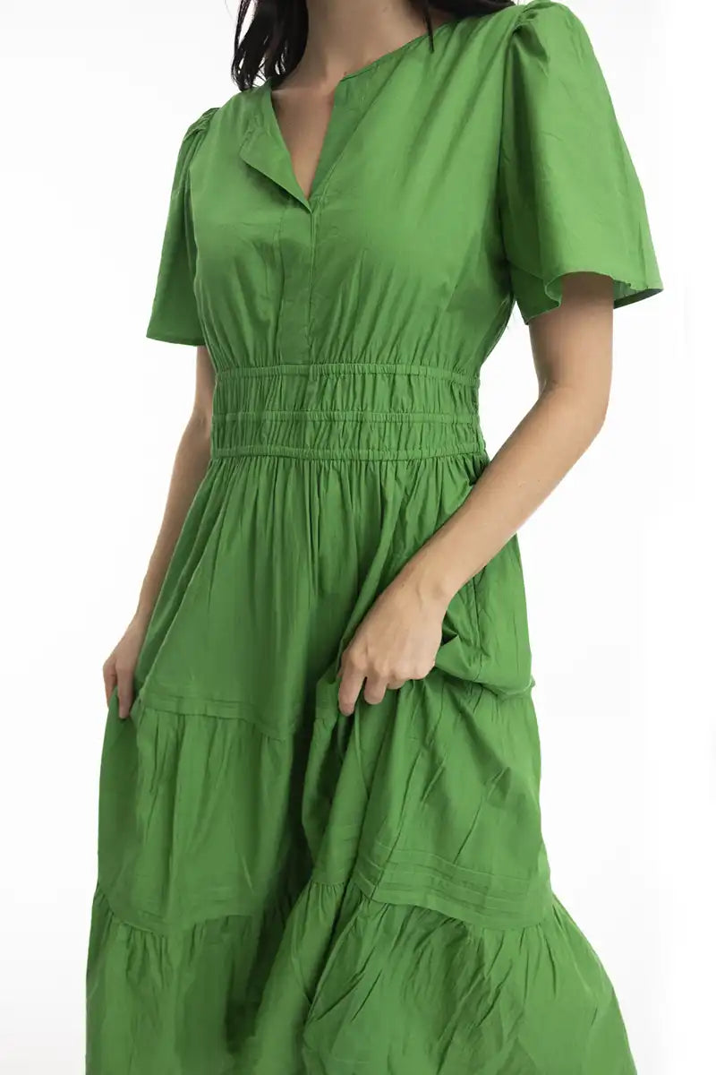 Orientique Essentials Poplin Maxi Dress with Ruched Waist in Parakeet front dress detail