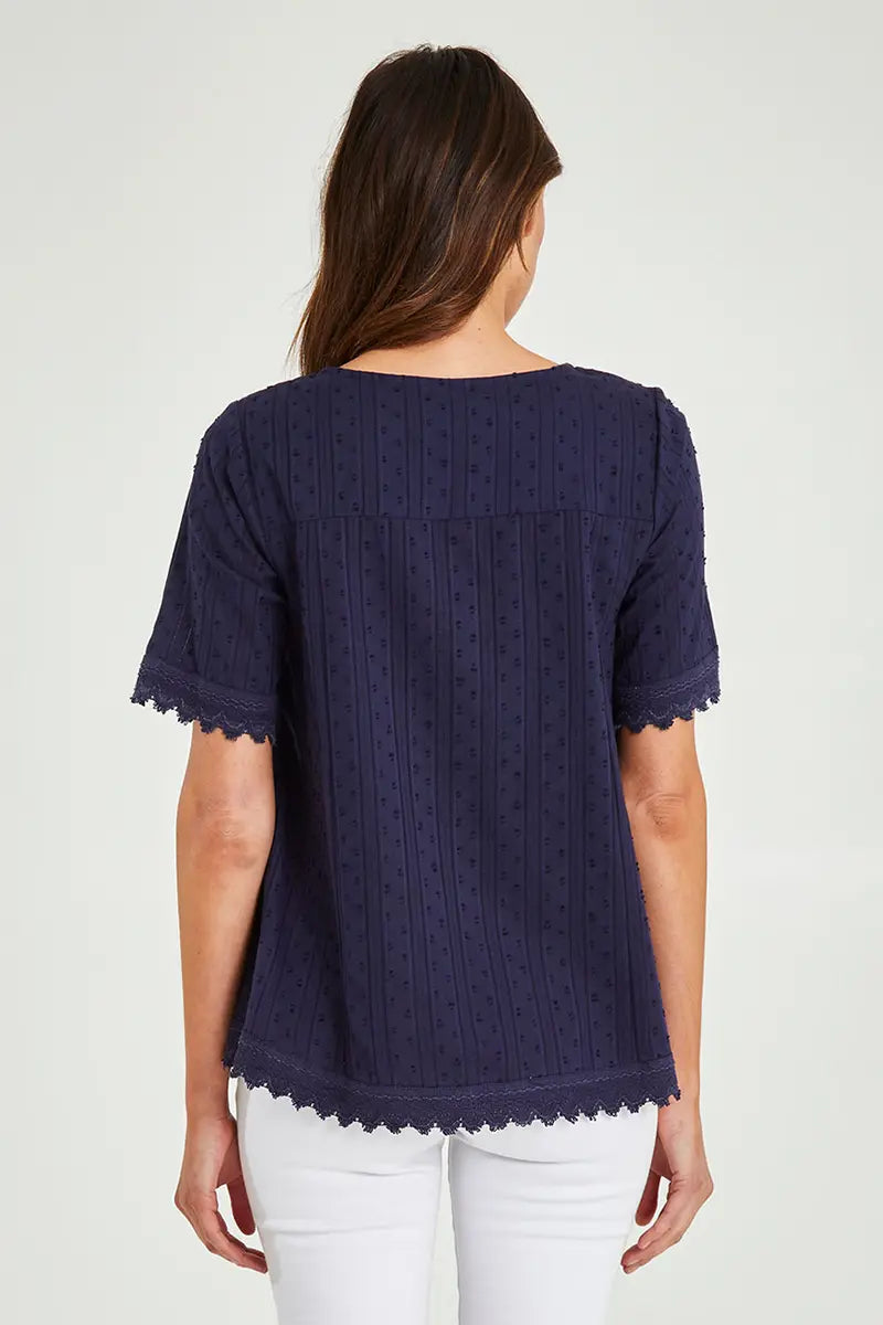 back view of the Orientique Essentials Top Broderie in Navy