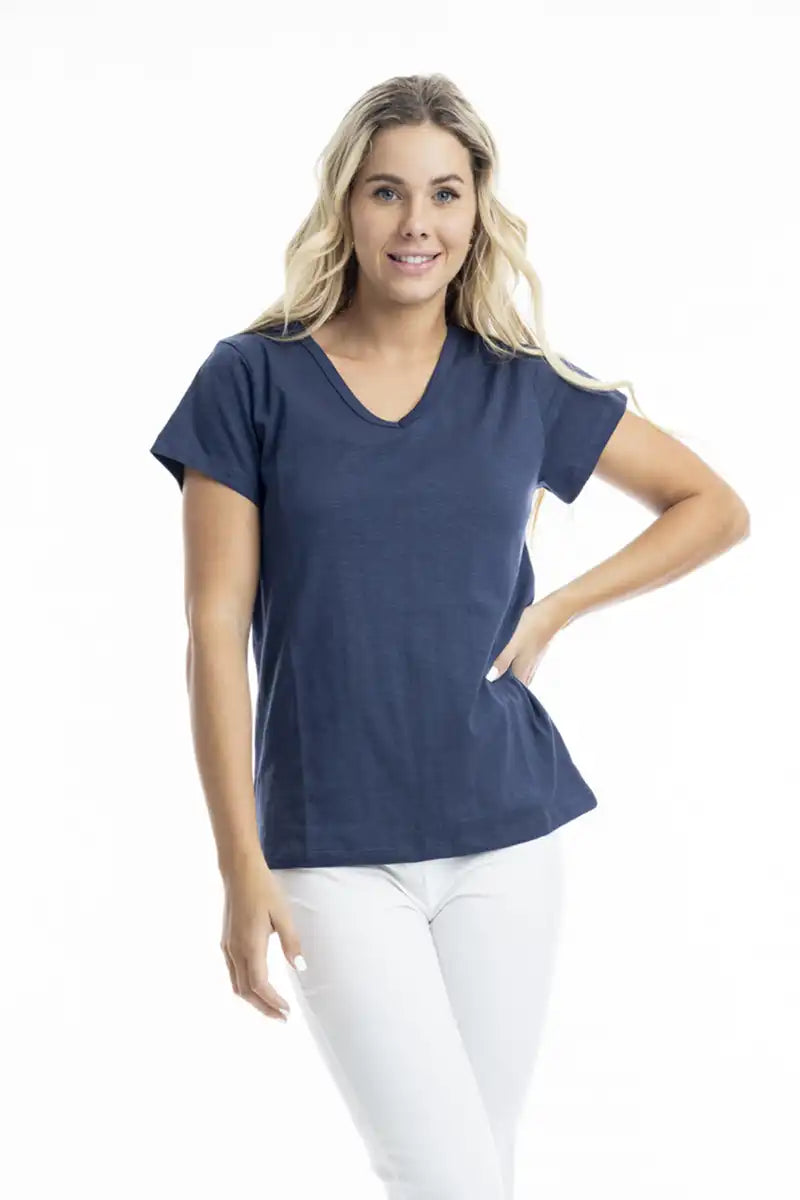 Orientique Essentials V Neck Knit T-shirt in Navy front view