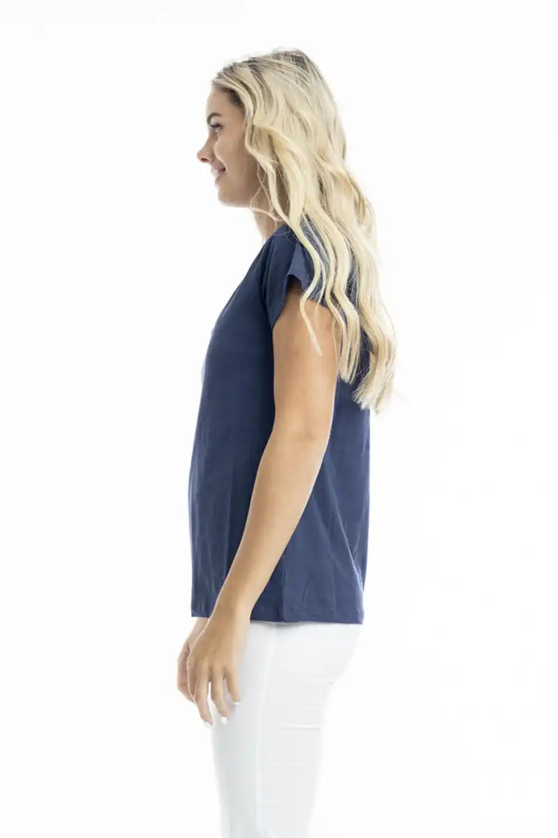 Orientique Essentials V Neck Knit T-shirt in Navy side view