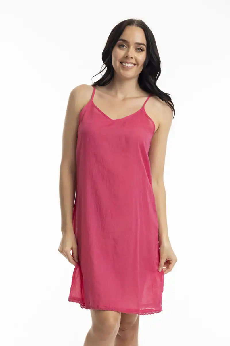 Orientique Long Slip in Hot Pink front detailed view