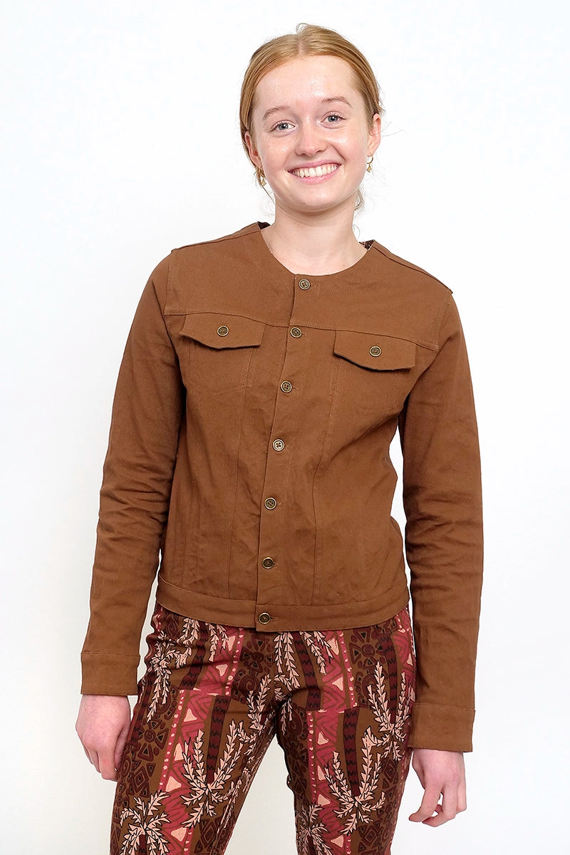 Orientique Reversible Drill Jacket in Taupe showing chocolate side