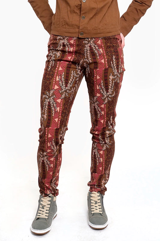 Orientique Reversible Drill Pants in Chocolate front showing pattern side
