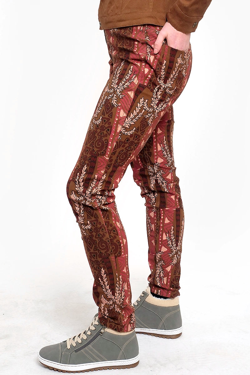 side view of the Orientique Reversible Drill Pants in Chocolate showing pattern side