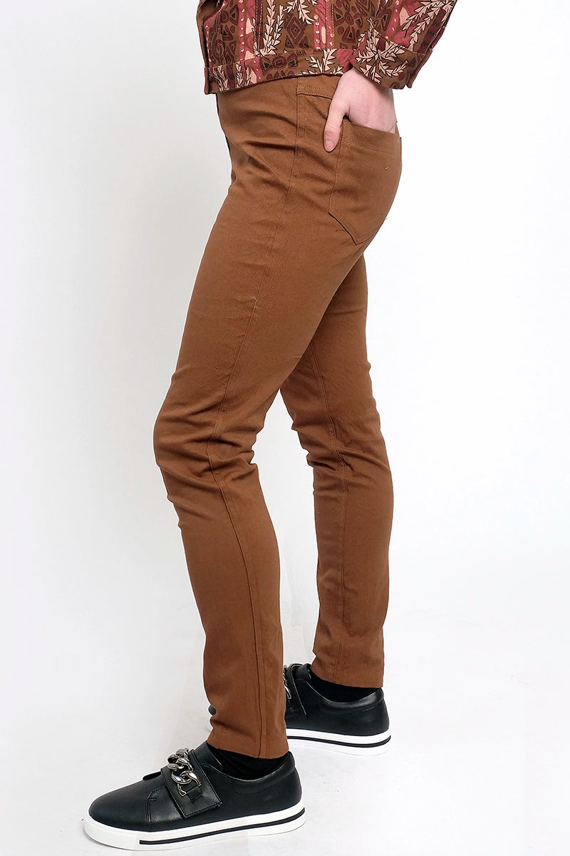 side view of the Orientique Reversible Drill Pants showing Chocolate side 