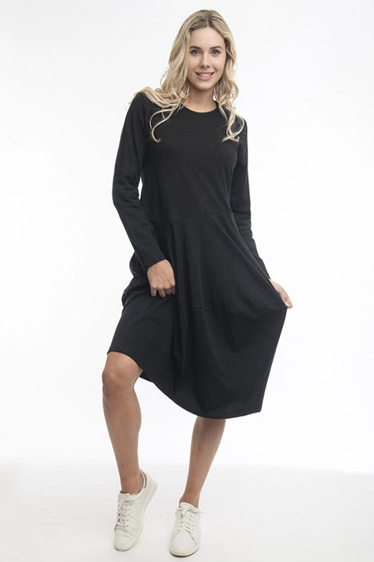 Orientique Essential Knit Panel Bubble Dress in Black front view