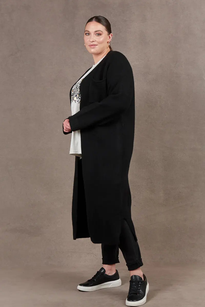 side view of the Paarl Longline Cardigan in Ebony by Eb & Ive