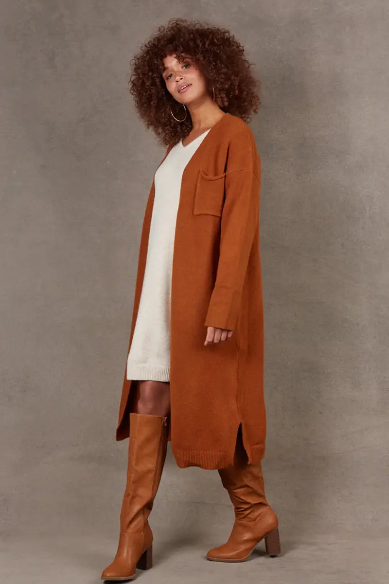 side view with model wearing Paarl Longline Cardigan in Ochre by Eb & Ive
