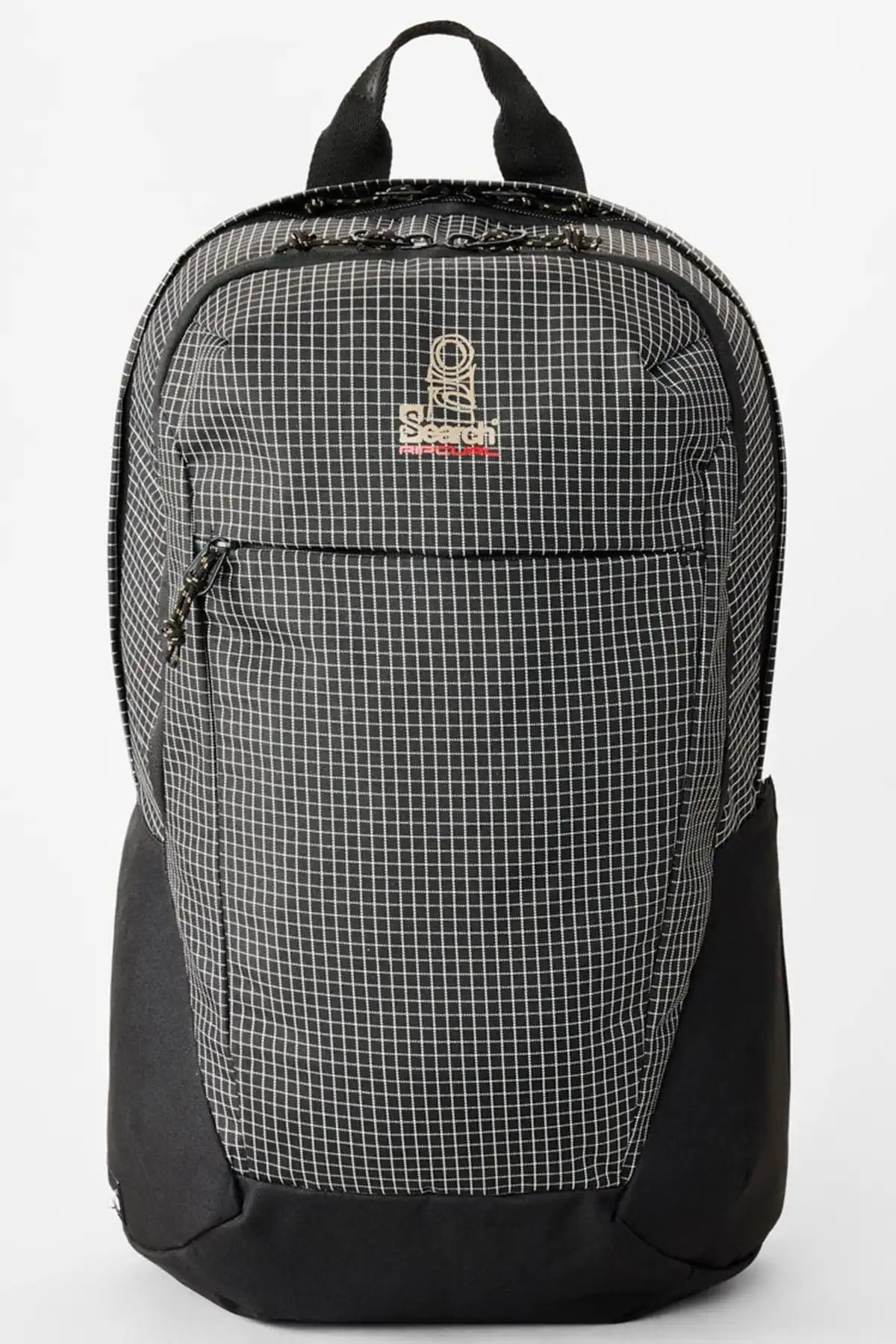 Black and white checkered backpack with a Rip Curl brand logo on a white background