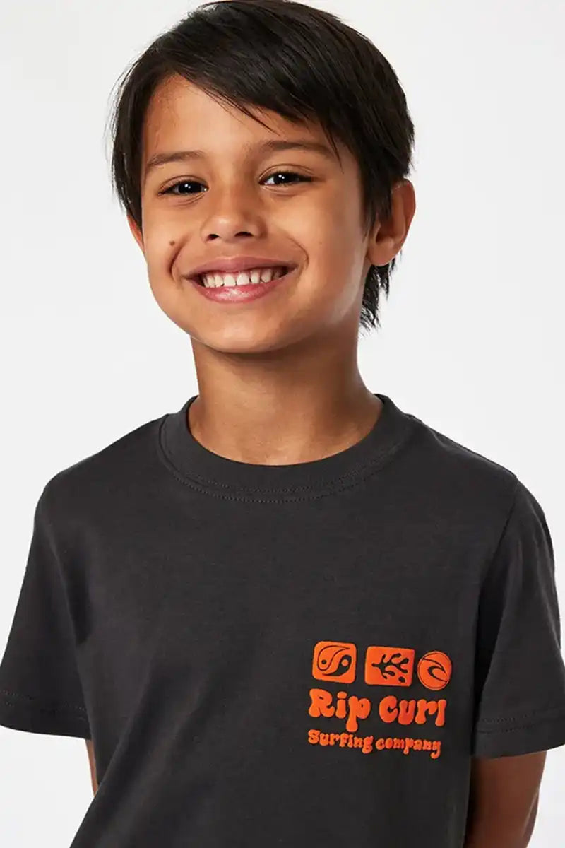 Rip Curl Boys Tube Icon Tee in Washed Black front logo print detail