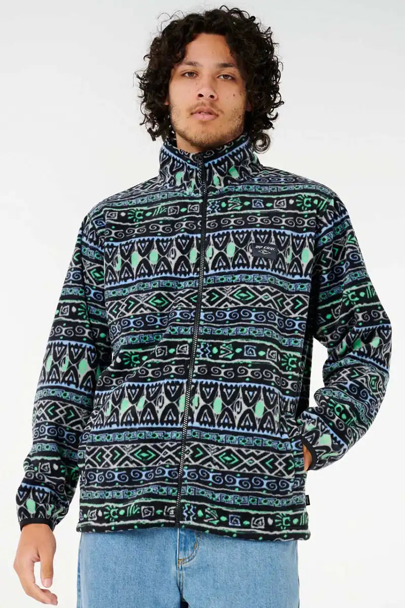 Rip Curl Fun Times Polar Fleece in Black Grey front on view with hand in pocket