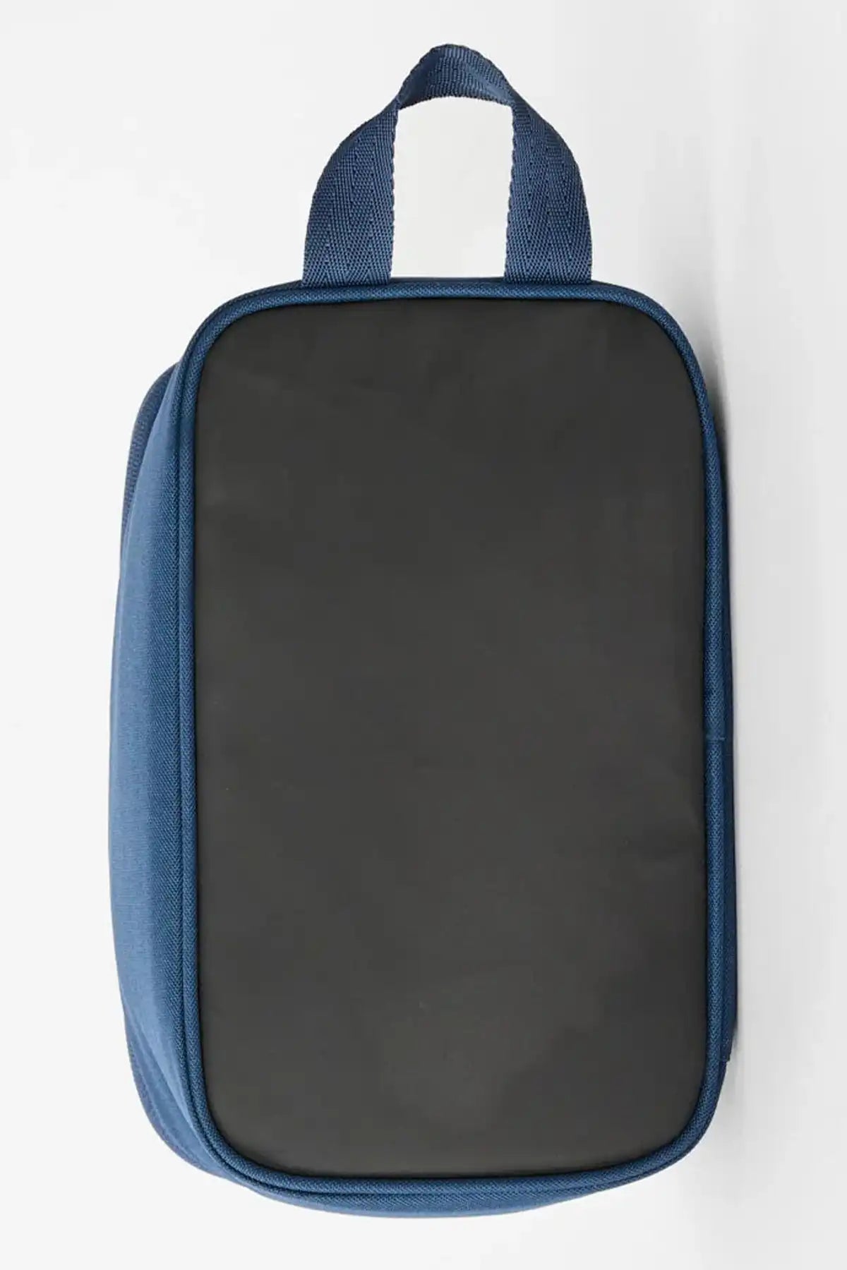 Blue and black rectangular lunch bag with a strap on a white background