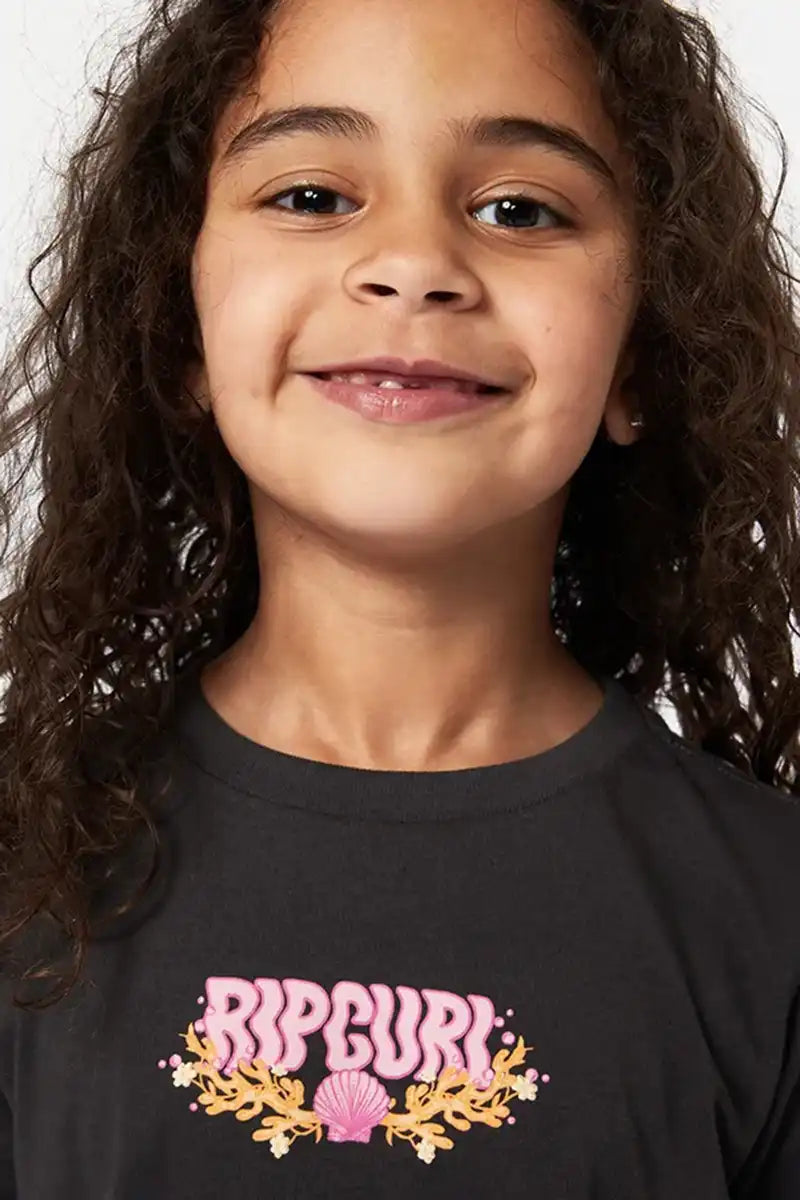 Rip Curl Girls Tee - Sunkissed Dreams in Washed Black front print and neckline detail view
