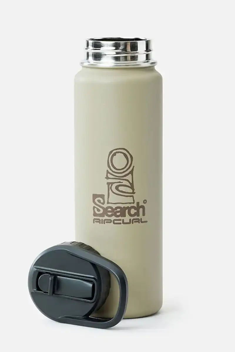 Rip Curl Logo Drink Bottle 710ml in Sand Dune with lid off showing stainless steel makeup