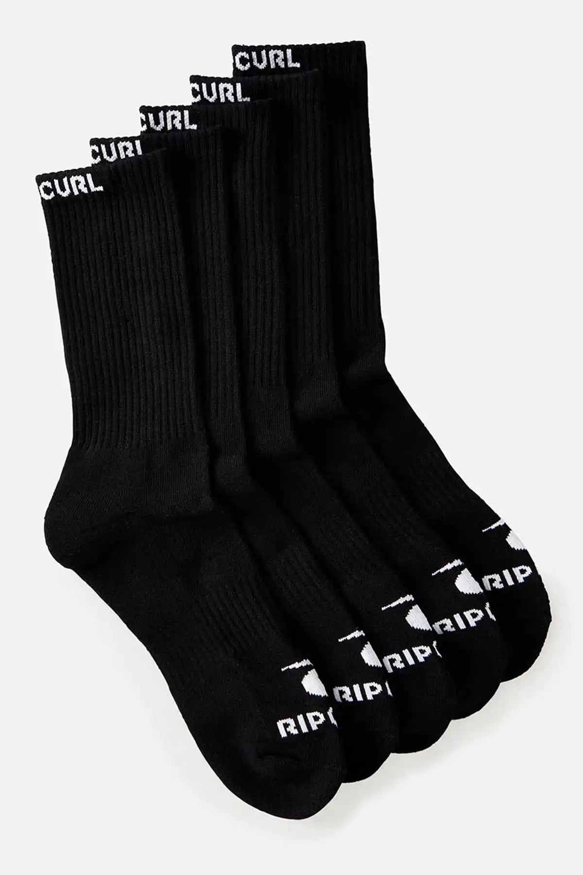 Set of black socks with visible branding on a white background