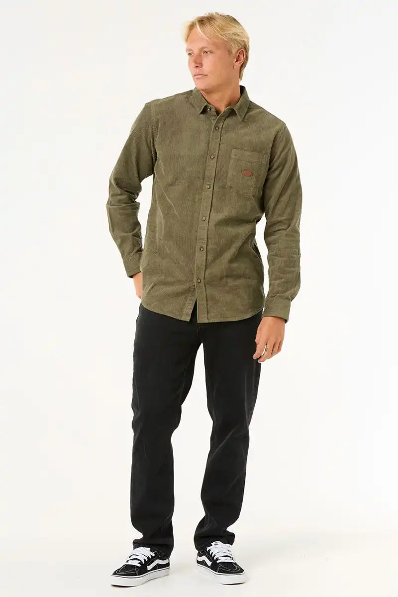 Rip Curl Men's Classic Surf Cord Long Sleeve Shirt in Dusty Olive front full model view