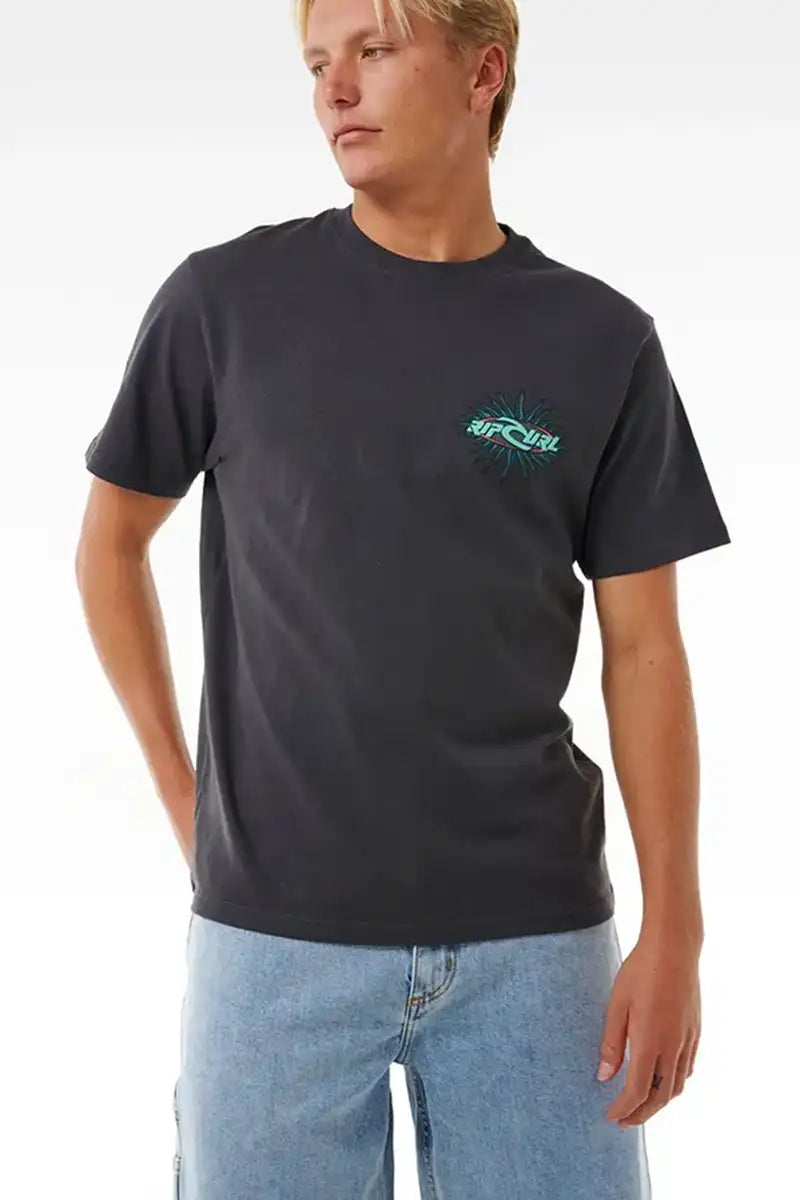 Rip Curl Men's Quest Oval Burst Tee in Washed Black front 3/4 view