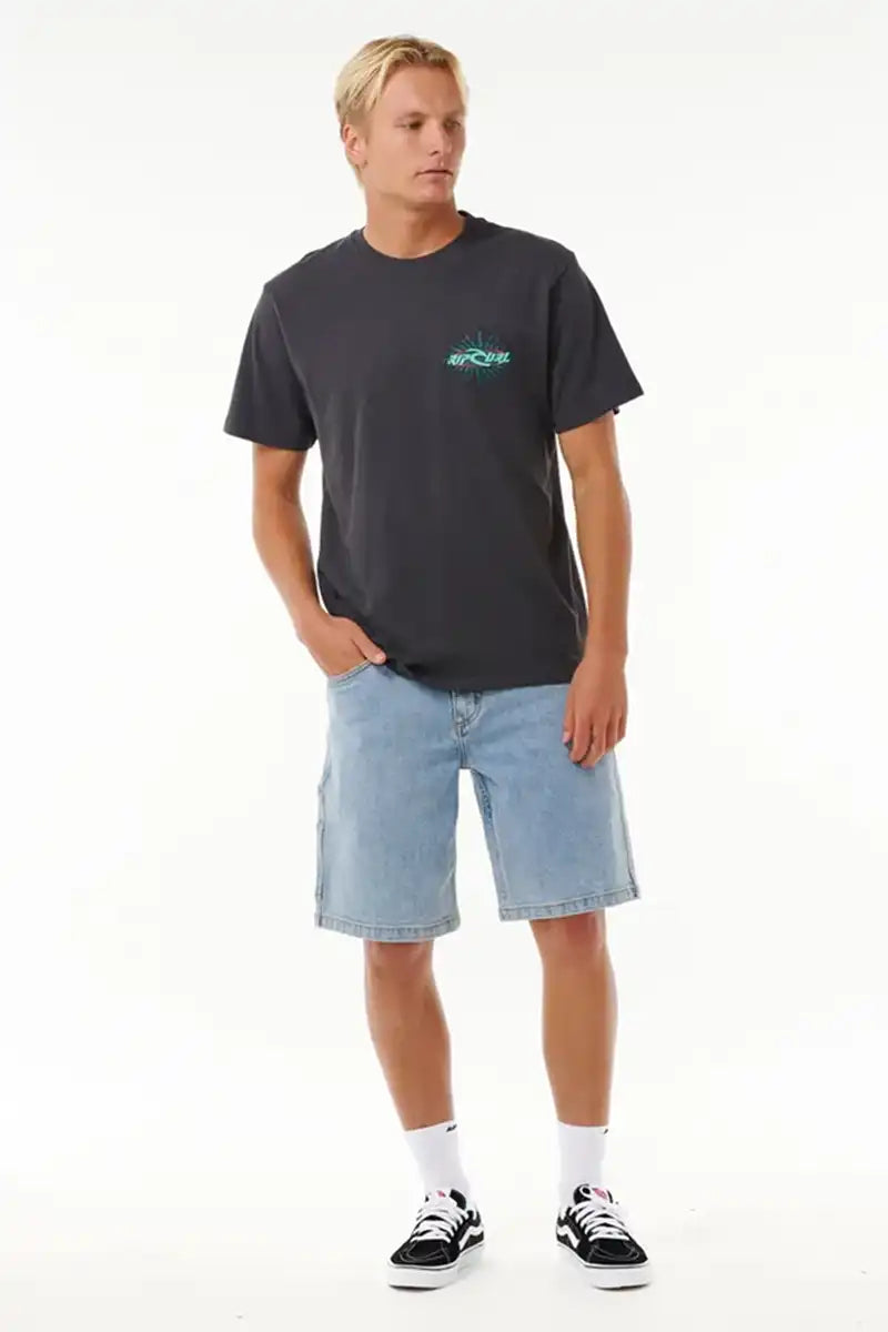 Rip Curl Men's Quest Oval Burst Tee in Washed Black full model front view