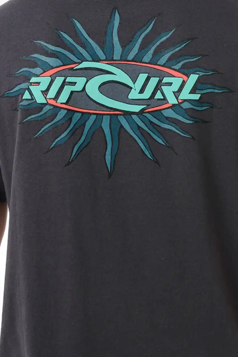 Rip Curl Men's Quest Oval Burst Tee in Washed Black back logo print detailed view