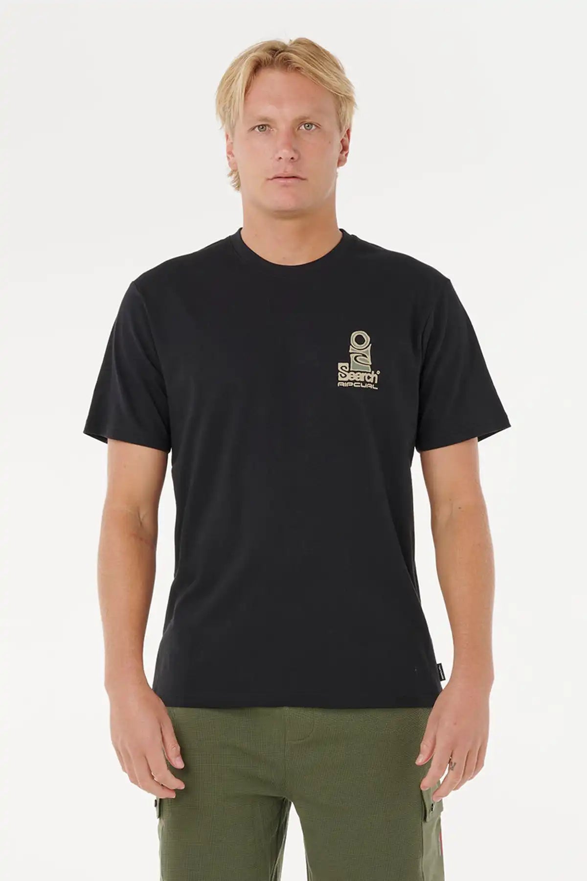 Man wearing a Rip Curl Mens Vaporcool Search Stack Tee -in Black/Olive with a logo on a white background