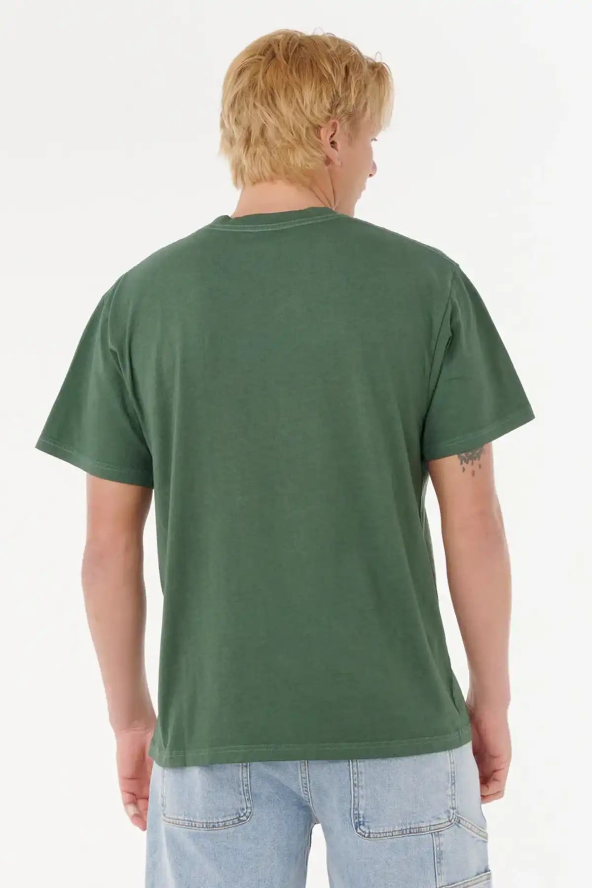 Person wearing a Rip Curl Nu Dosed Tee in Mountain Green on a white background rear view