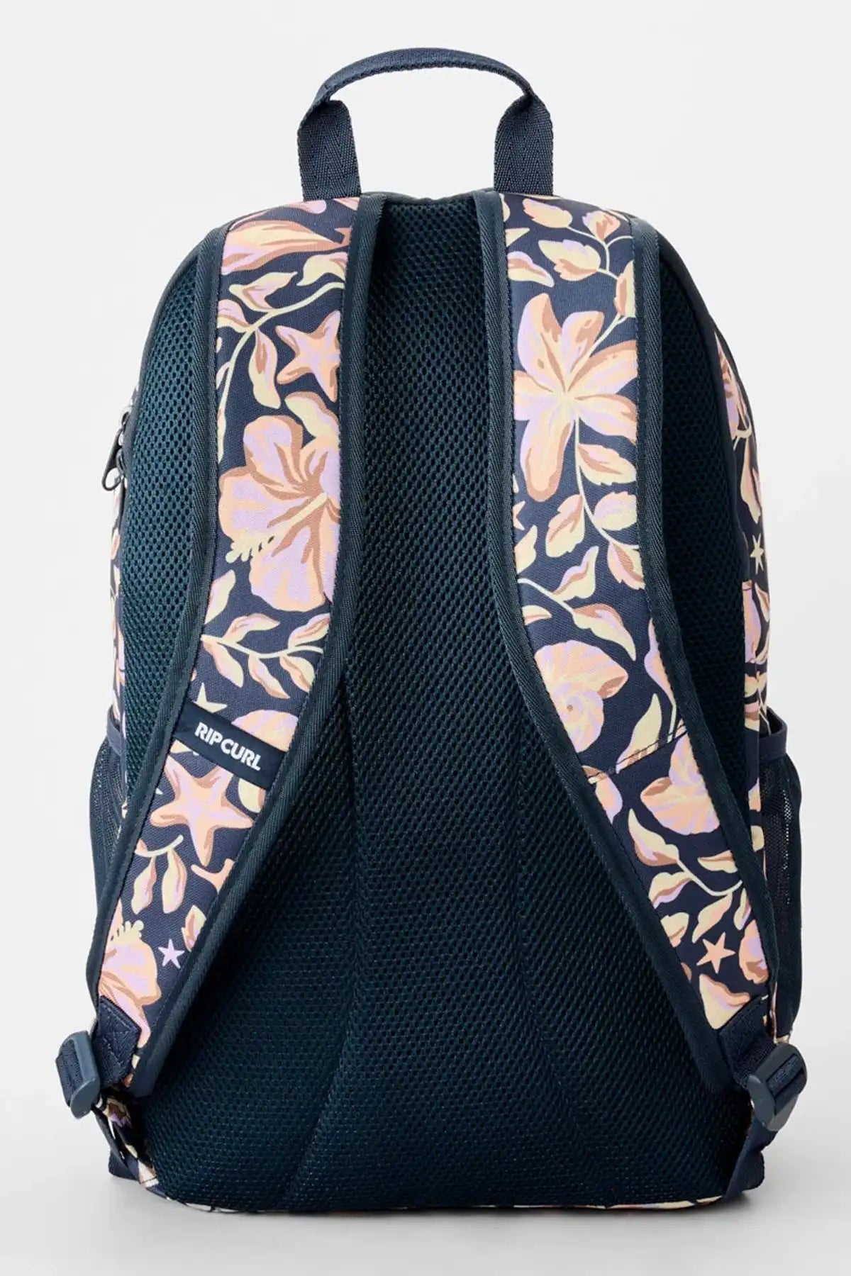Navy blue backpack with pink floral pattern on a white background