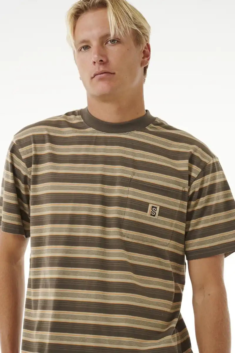 Rip Curl Search Stripe Tee in Deep Rock front detailed view of the neckline and front pocket
