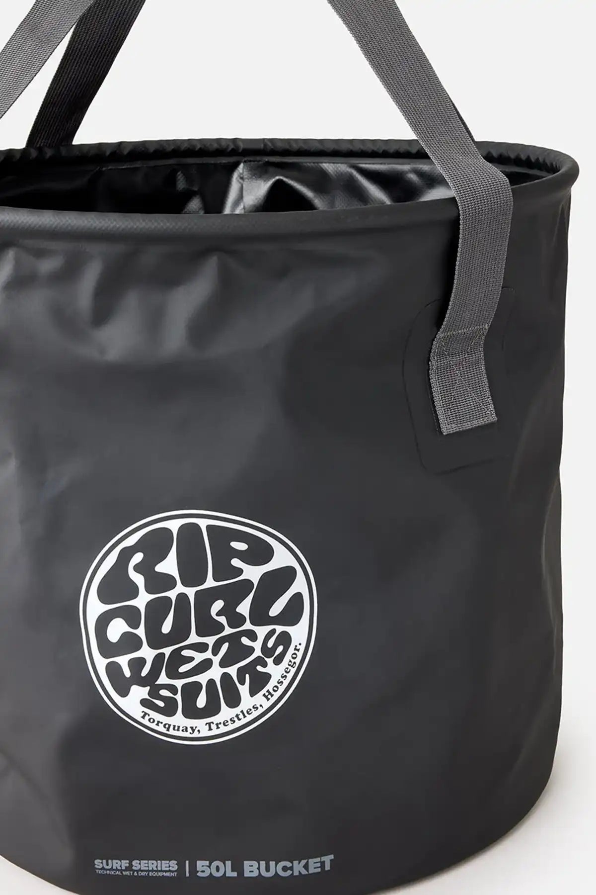 Black bucket bag with Rip Curl Wet Suits logo on a white background