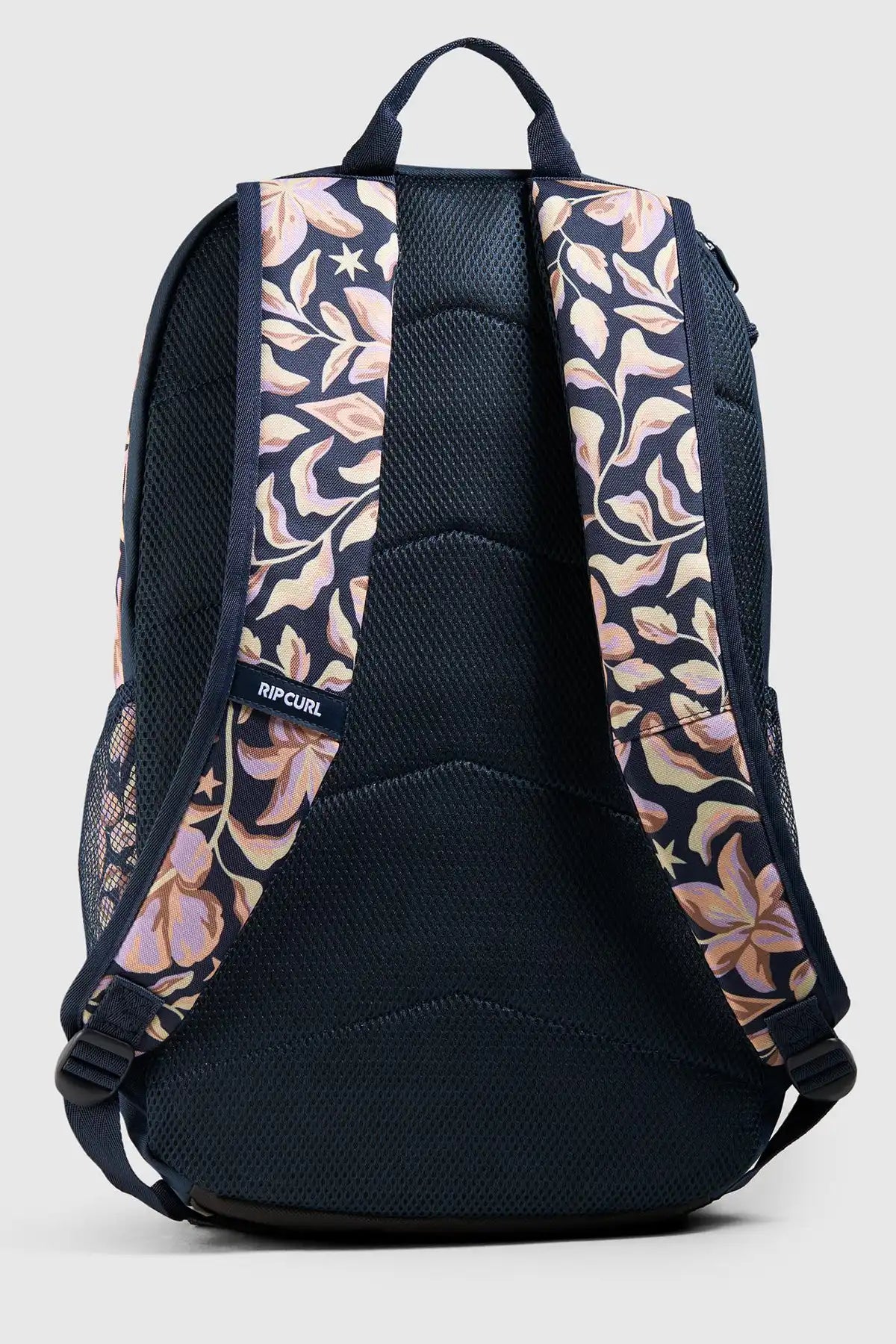 Black backpack with floral pattern on straps against a light gray background