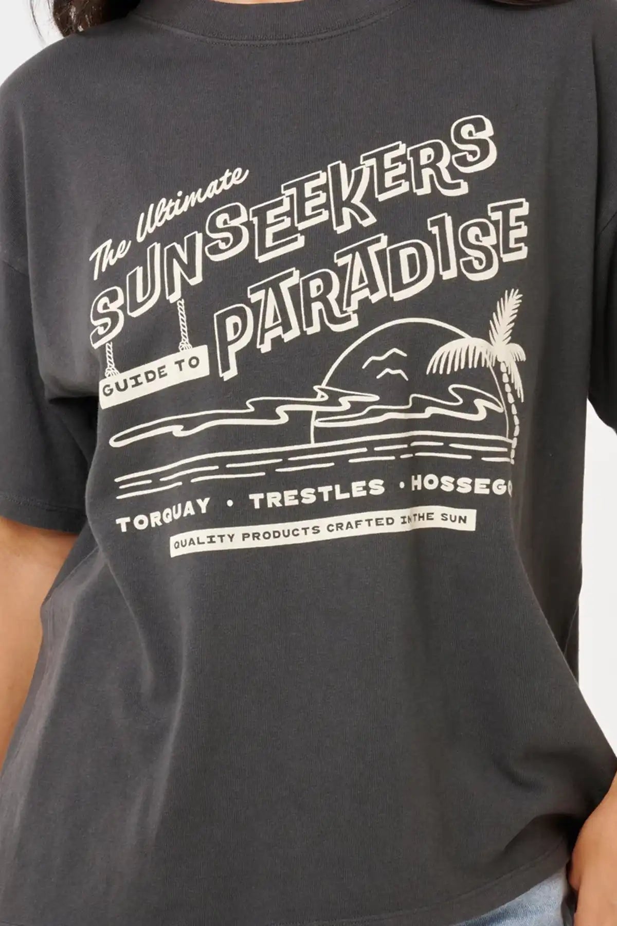 Black t-shirt with white graphic design and text on a plain background