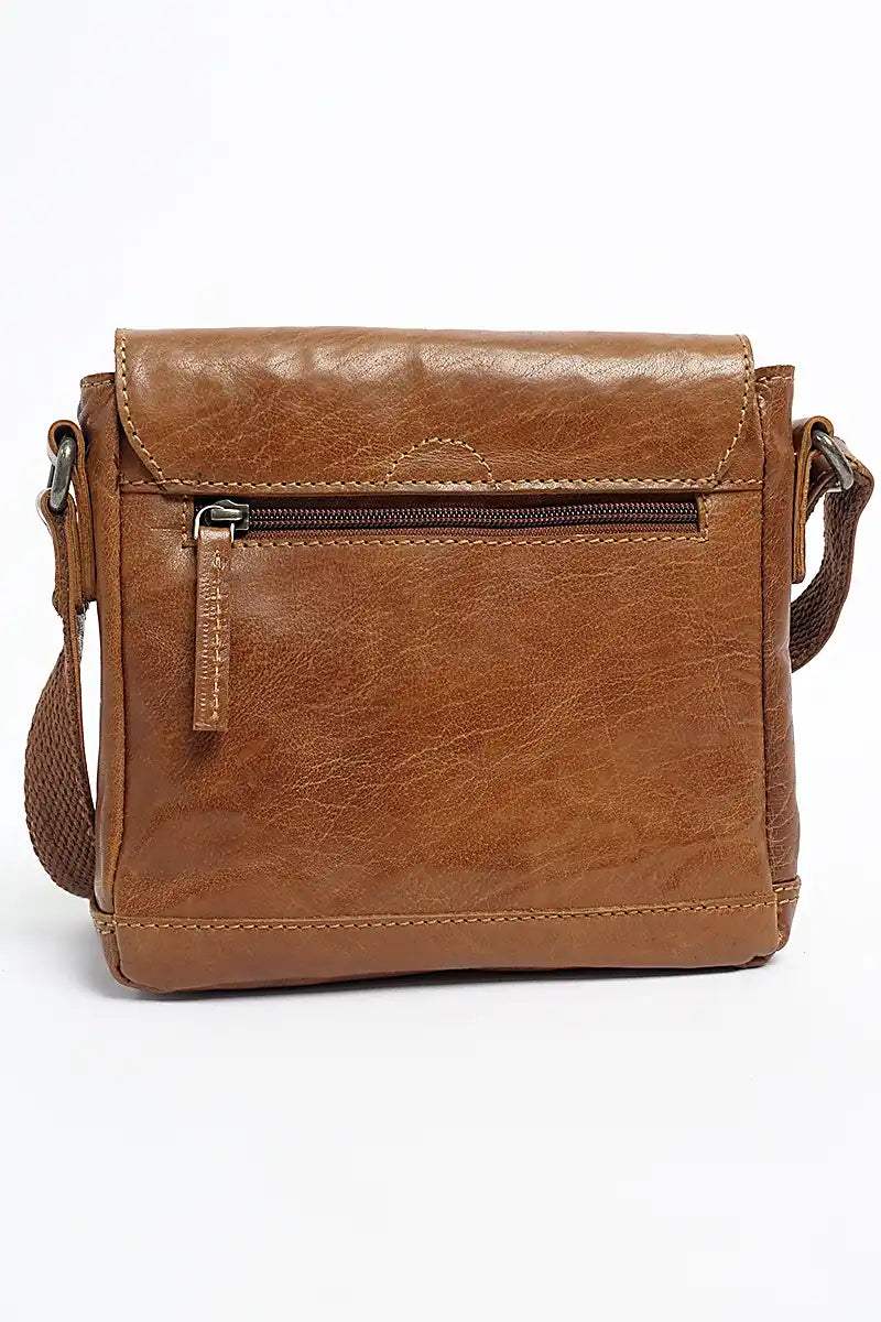 Rugged Hide Addison Cross Body Handbag in Brandy back with external zip pocket