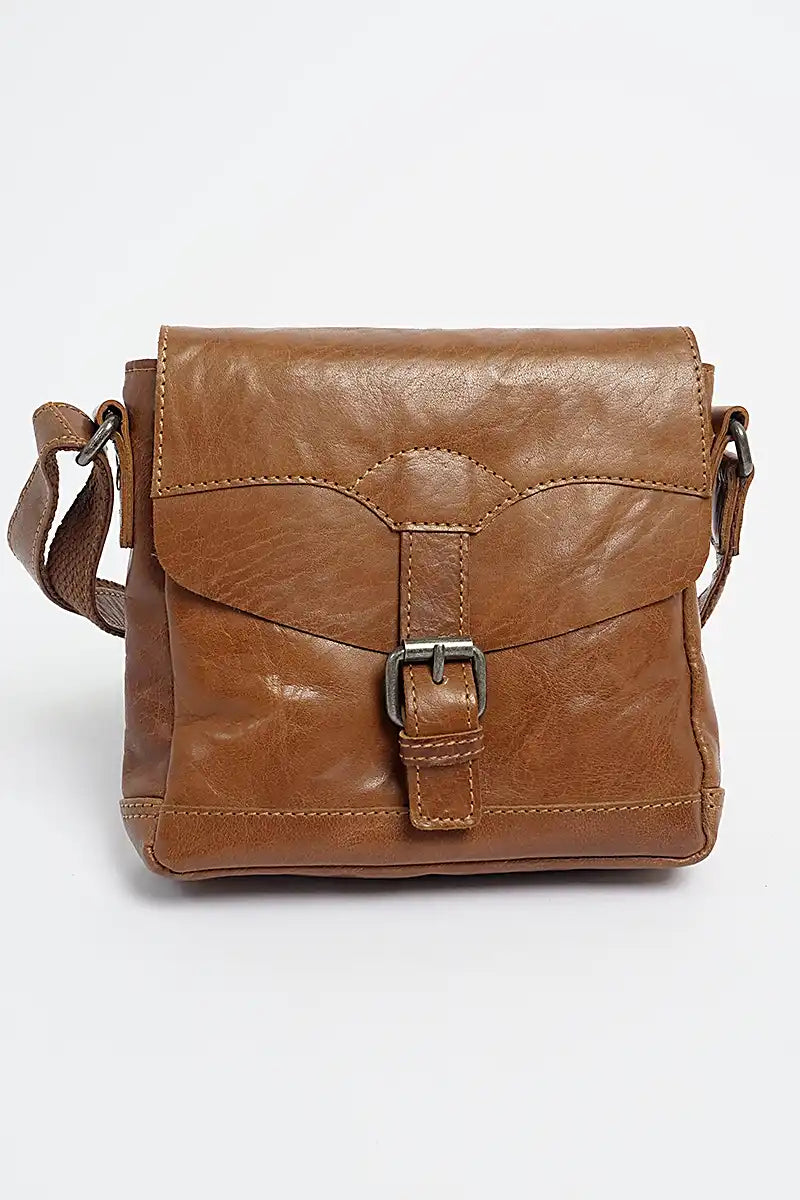 Rugged Hide Addison Cross Body Handbag in Brandy front showing buckle design