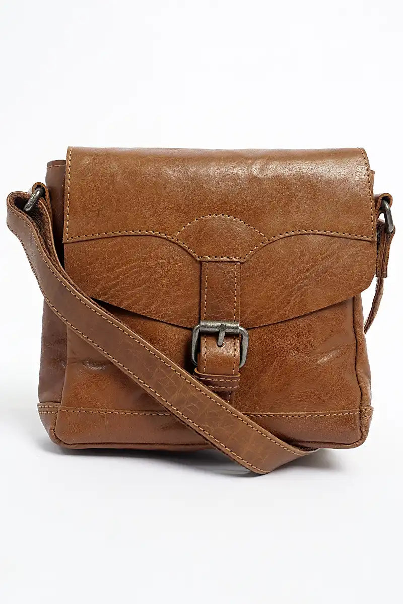 Rugged Hide Addison Cross Body Handbag in Brandy front showing cross body strap