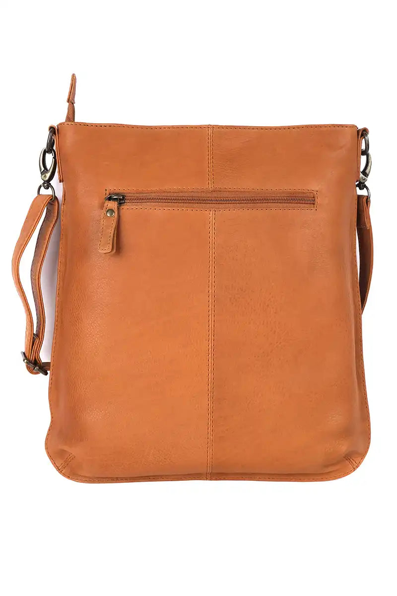 Rugged Hide Berlin Leather Cross Body Bag in Tan back view showing outside pocket
