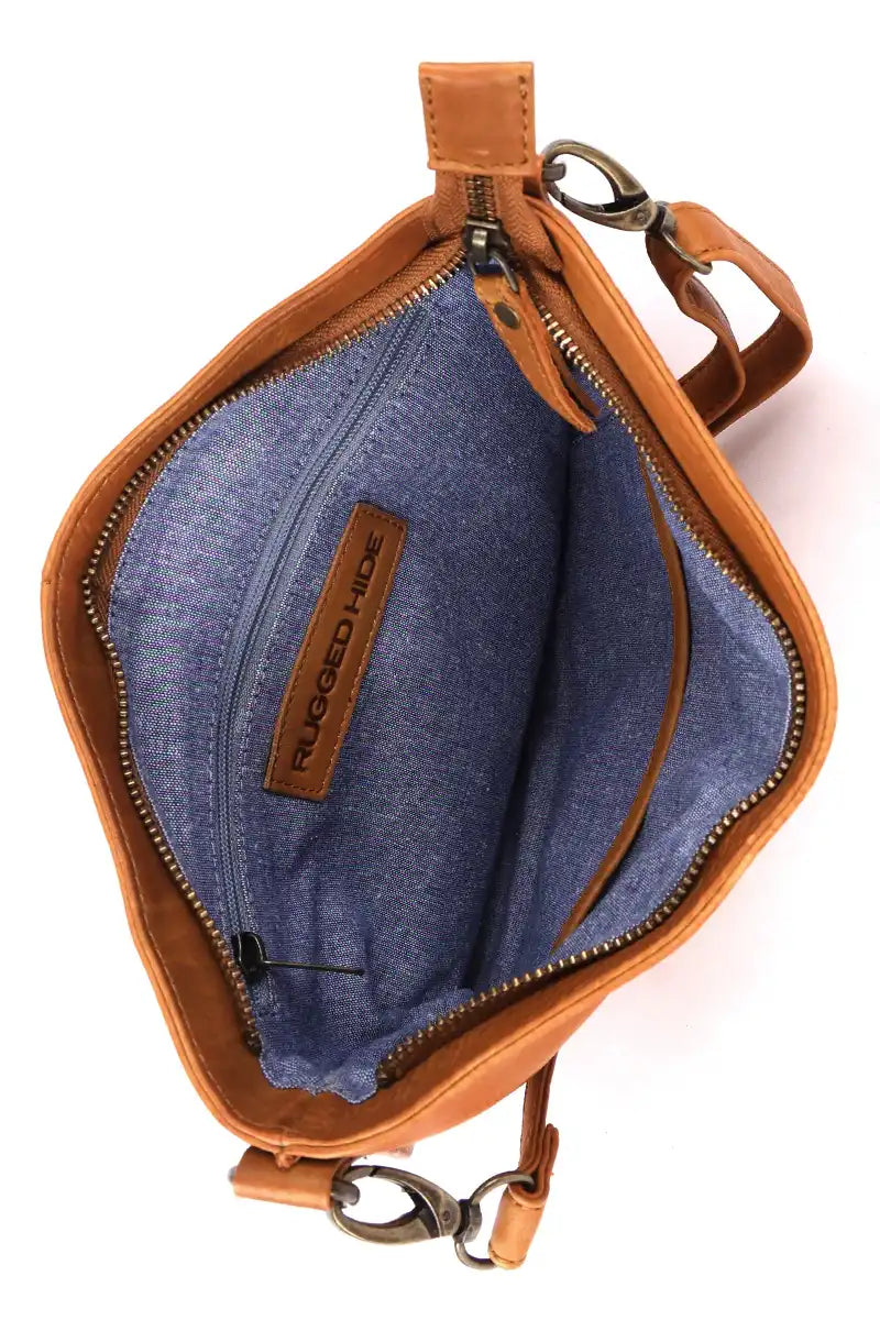 Rugged Hide Berlin Leather Cross Body Bag in Tan inside view showing compartments
