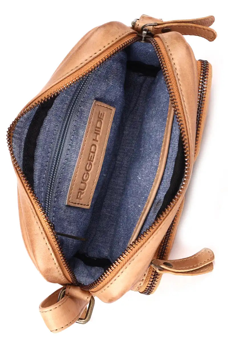 Rugged Hide Burnie Leather Cross Body Handbag in Sand inside view