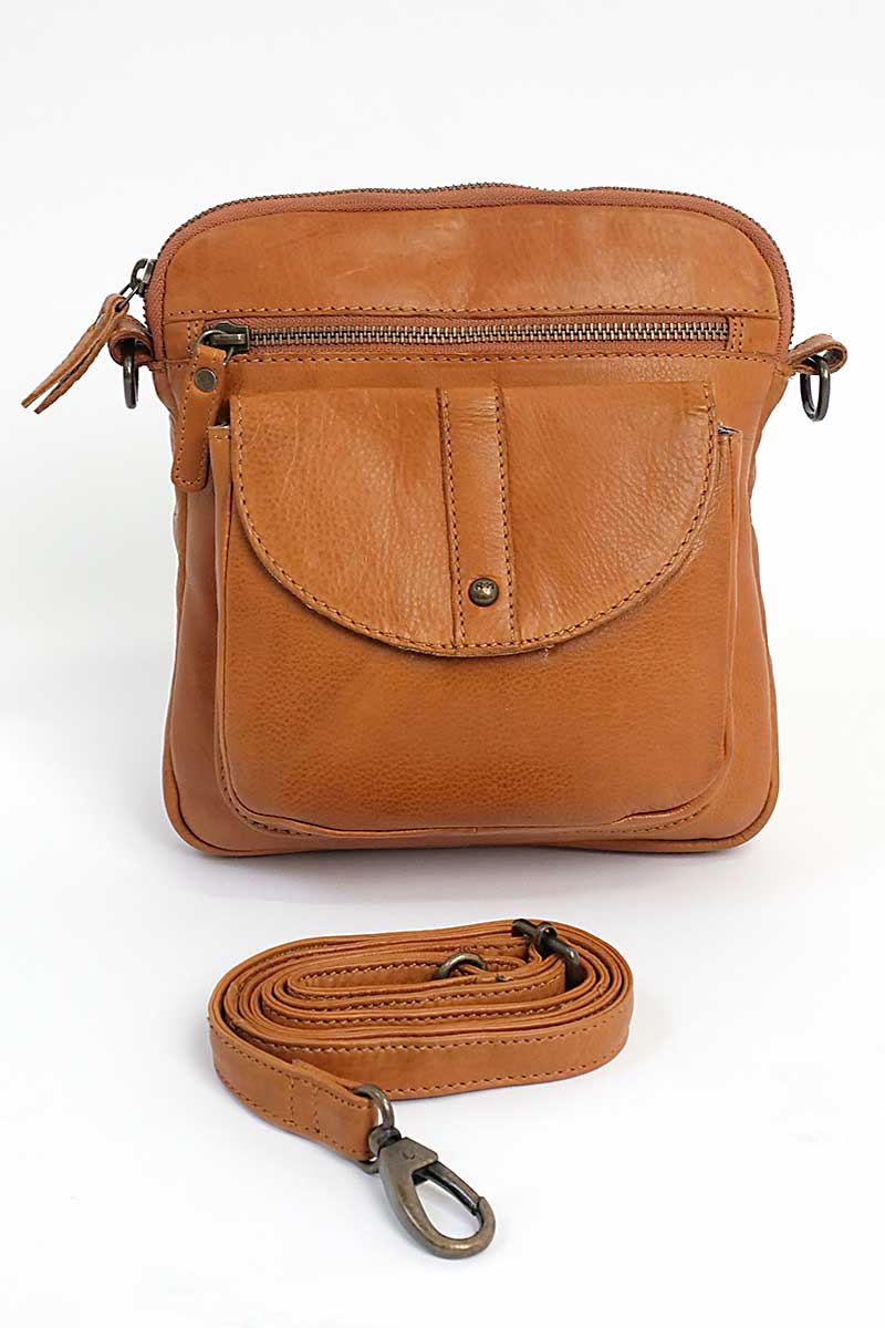Rugged Hide Helen Cross Body Bag in Tan front with body strap