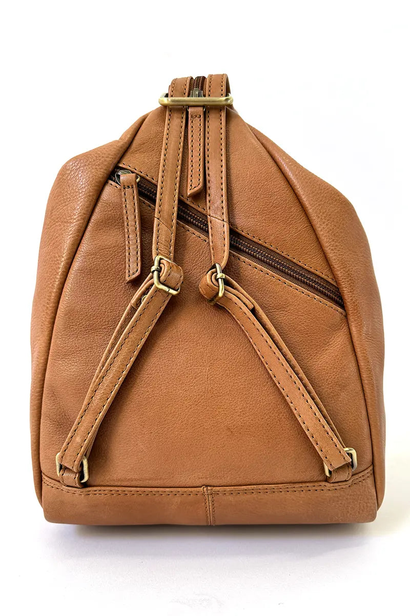 back view showing shoulder straps and zip compartment on the Rugged Hide Leather Bag - Deb Backpack in Tan