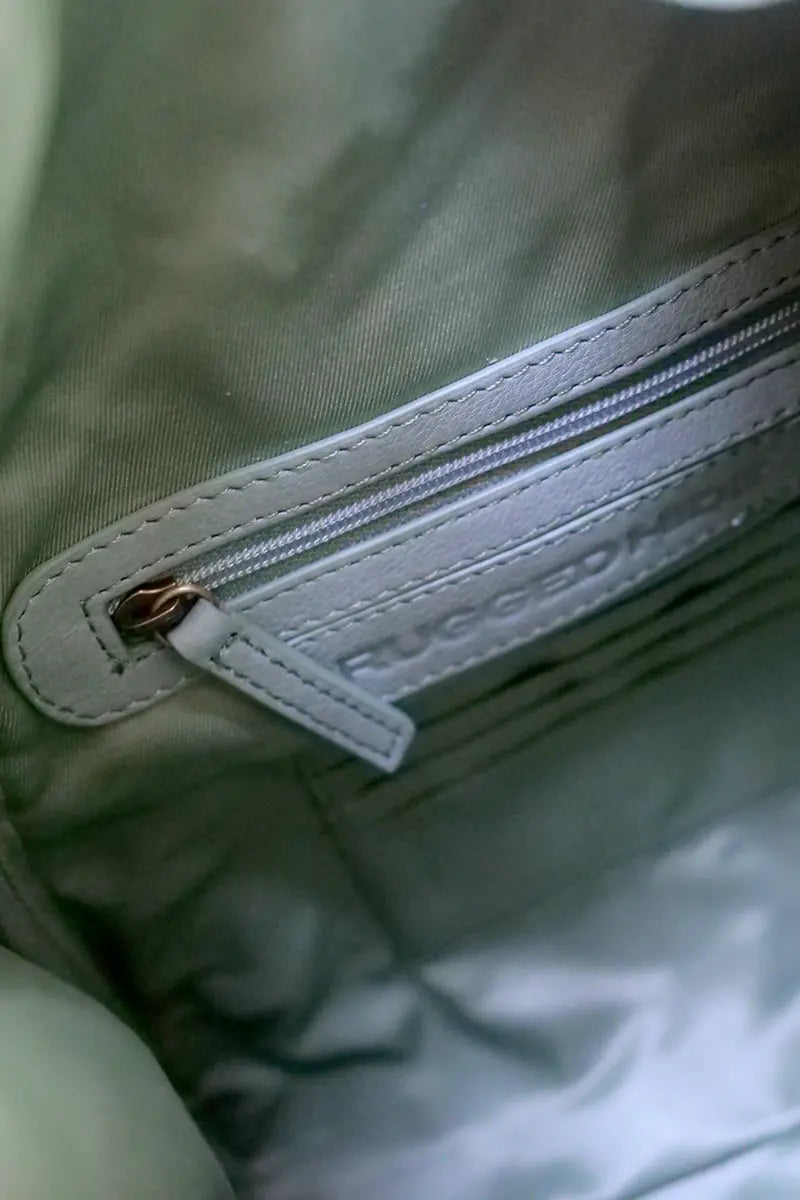 Rugged Hide Leather Bag - Deb Backpack in Leaf Green internal pocket view