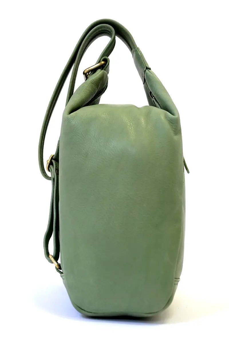 Rugged Hide Leather Bag - Deb Backpack in Leaf Green side view