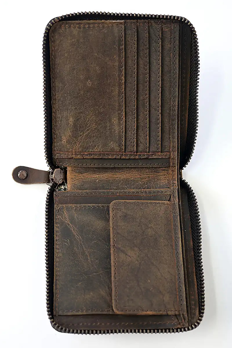 Rugged Hide Men's Bobby Leather Wallet in Brown inside view inside view showing card holder and coin purse