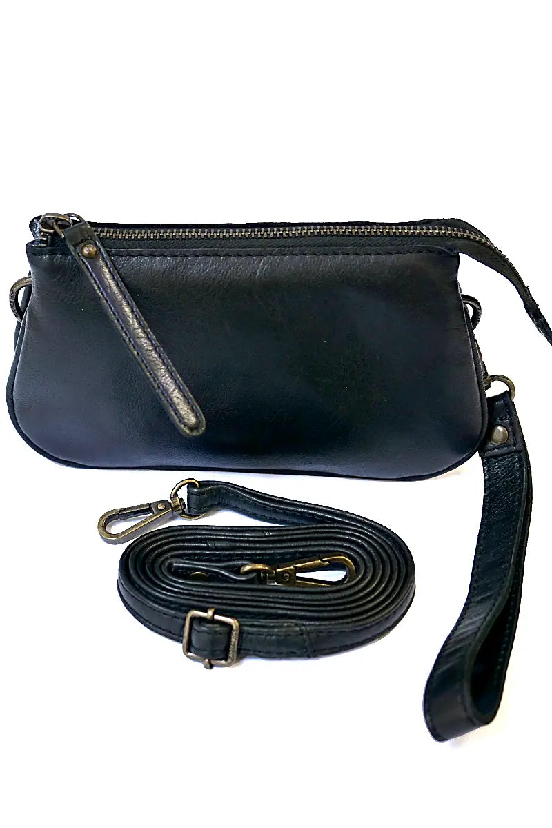 Rugged Hide St Kilda Clutch Wallet in Black with shoulder strap detached