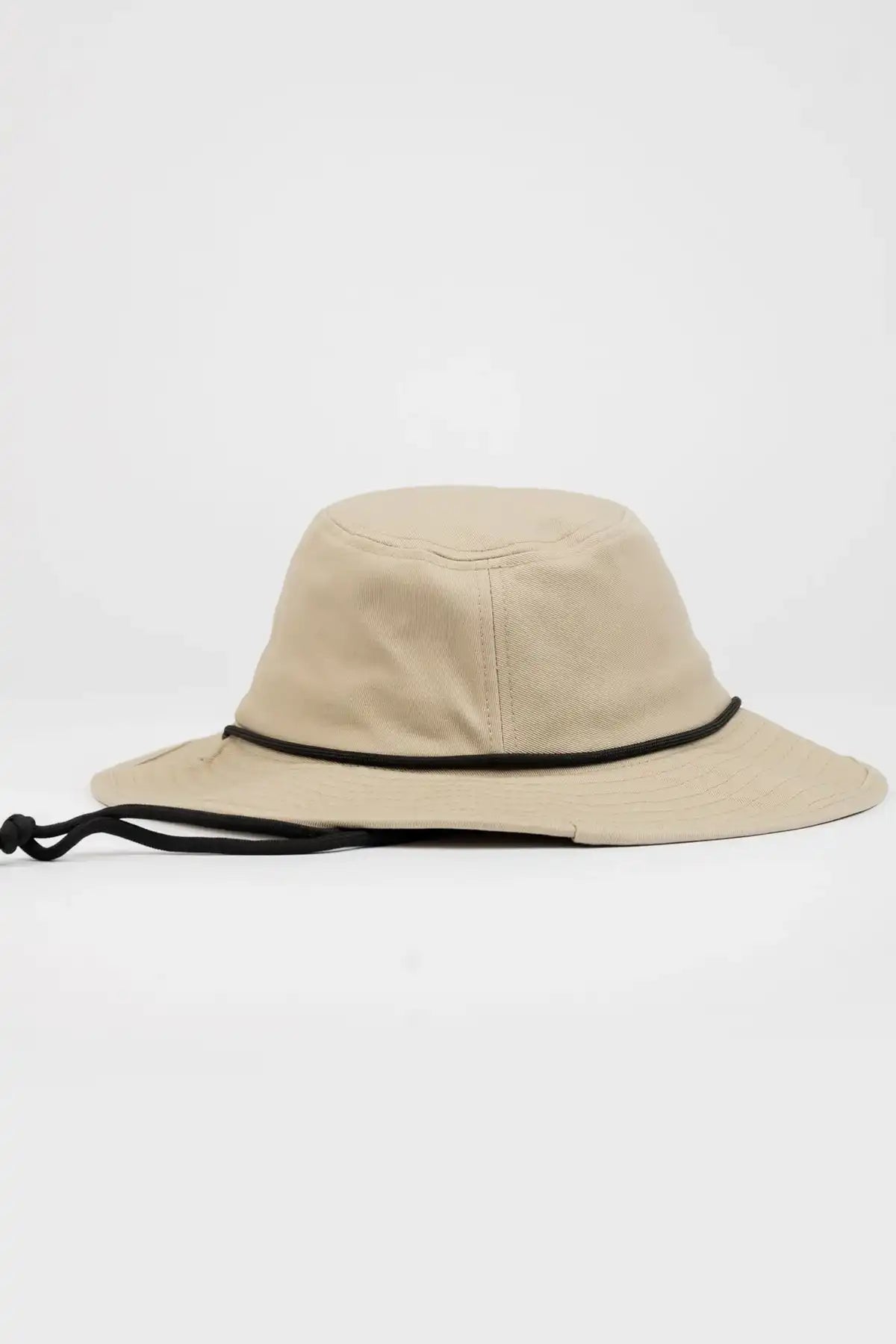 Rusty Bradman Wide Brim Hat in Abbey Stone with black cord on a white background