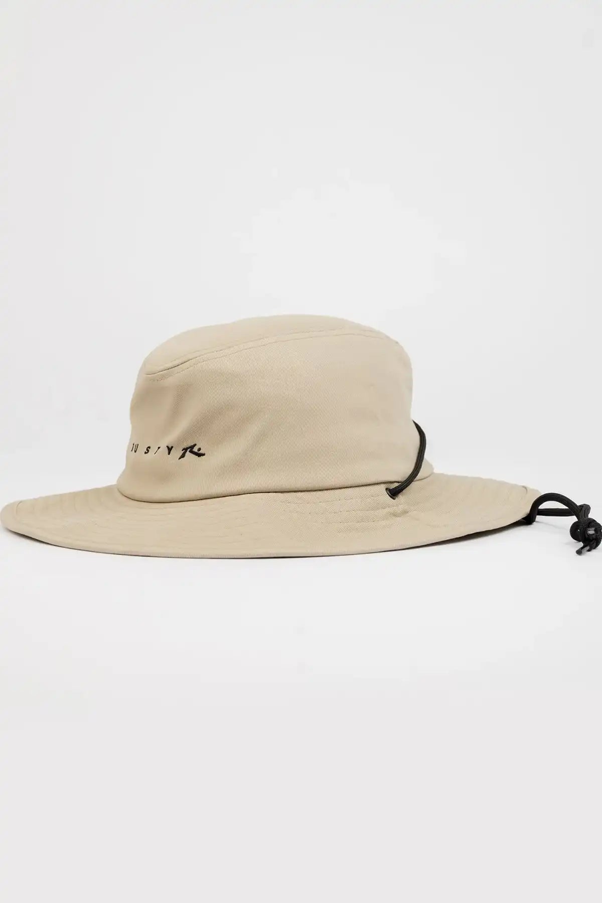Rusty Bradman Wide Brim Hat in Abbey Stone with a brand logo on a white background side view