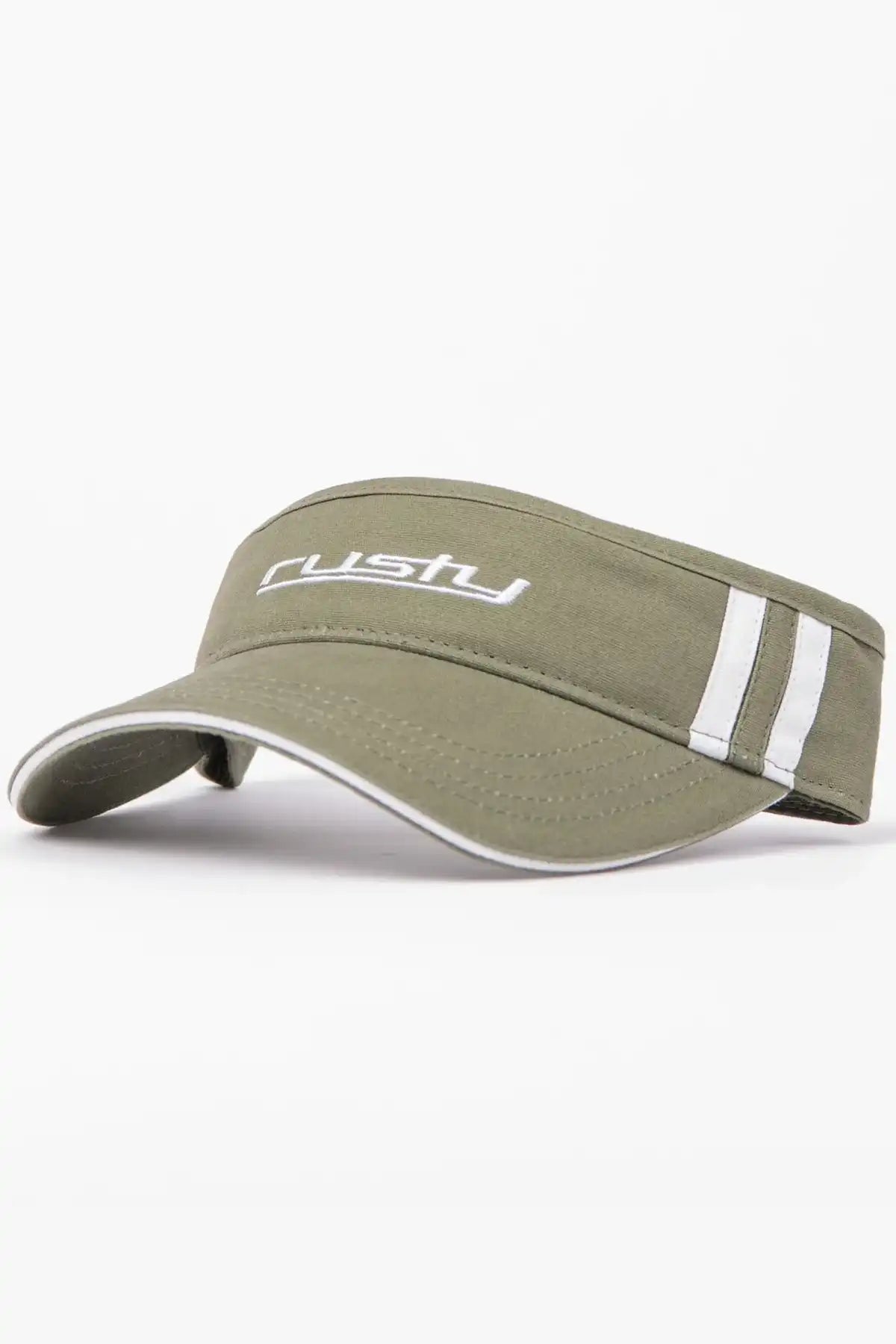 Rusty Love Visor in Arm Green with white accents on a white background