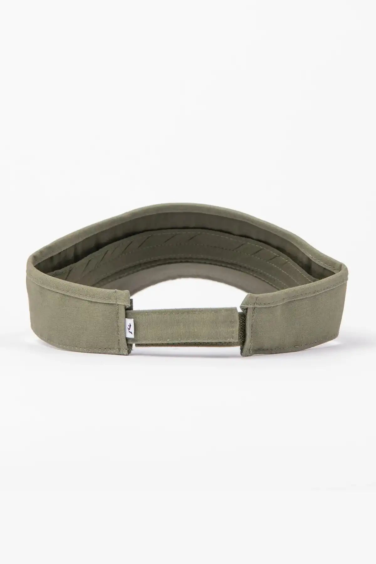 Rusty Love Visor in Arm Green back view showing velcro closure on a white background