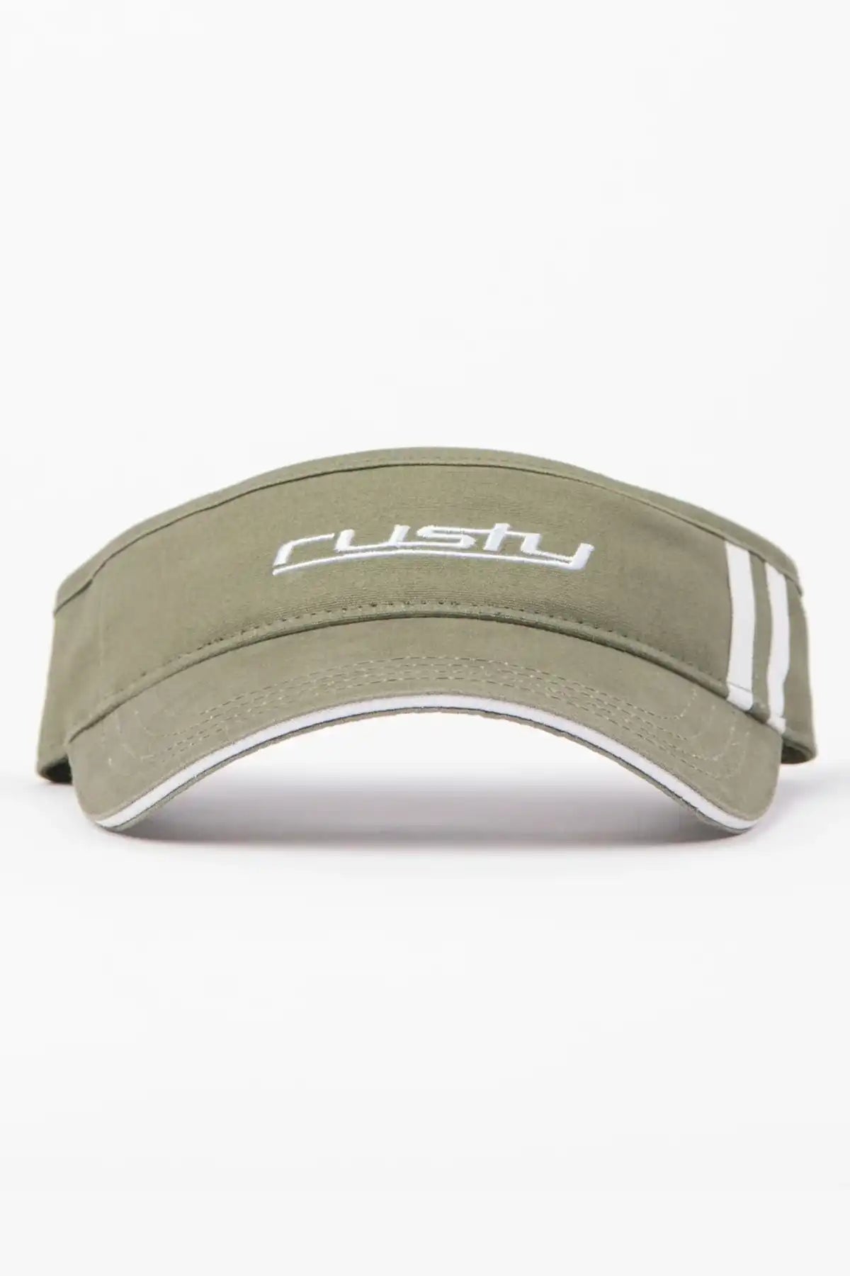 Rusty Love Visor in Arm Green with 'rusty' branding on a white background