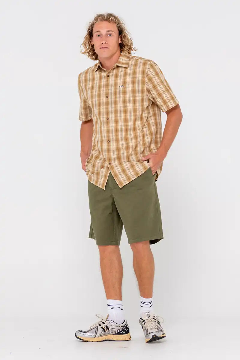 Rusty Men's Datsun Check Short Sleeve Shirt in Java full model front 3/4 view