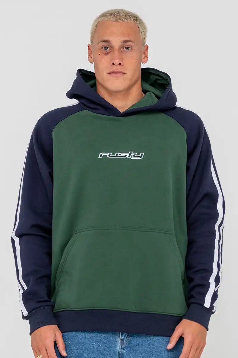 Rusty Mens Denny Raglan Fleece Hoodie in Green front view