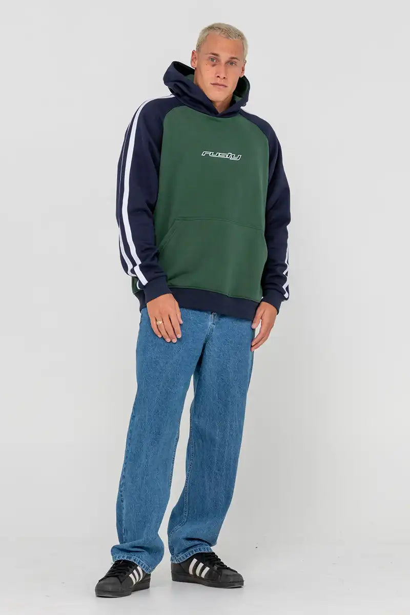 Rusty Mens Denny Raglan Fleece Hoodie in Green front full model view